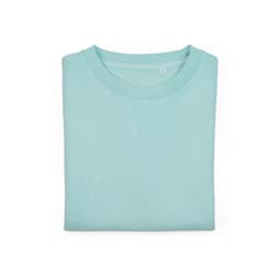 A folded Waikiki women's crew neck sweatshirt in a light aqua colour, made from organic cotton and rPET, with a logo.