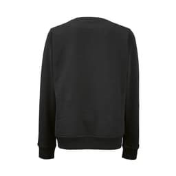 A black women's crew neck sweatshirt made from organic cotton and rPET, featuring a simple design and logo.
