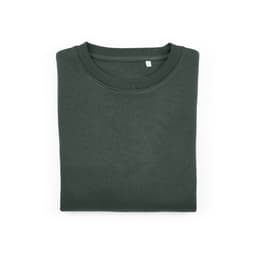 A folded dark green crew neck sweatshirt made from organic cotton and rPET, featuring a logo.