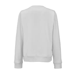 A women's crew neck sweatshirt in white, featuring long sleeves and a back view. Includes a logo or branding.