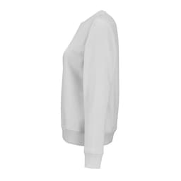 A white women's crew neck sweatshirt made from organic cotton and rPET, featuring long sleeves and a ribbed hem.