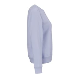 A light blue women's crew neck sweatshirt with long sleeves, featuring a logo on the front. Made from organic cotton and rPET.