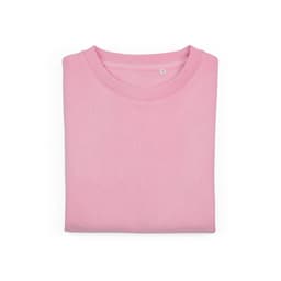 A folded pink women's crew neck sweatshirt made from organic cotton and rPET, featuring a hidden logo.