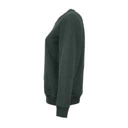 A dark green women's crew neck sweatshirt made from organic cotton and rPET, featuring a logo.