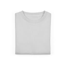 A folded light grey crew neck sweatshirt made from organic cotton and rPET, featuring a logo.