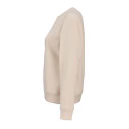 A beige crew neck sweatshirt made from organic cotton and rPET, featuring a fitted design and ribbed cuffs.