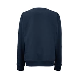 A navy women's crew neck sweatshirt made from organic cotton and rPET, featuring a logo on the back.