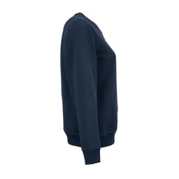 A navy crew neck sweatshirt featuring a side view, made from organic cotton and rPET, with a logo present.