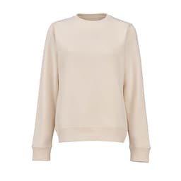A beige women's crew neck sweatshirt made from organic cotton and rPET, featuring a logo.