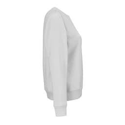 A white crew neck sweatshirt made from organic cotton and rPET, featuring long sleeves and a fitted design.