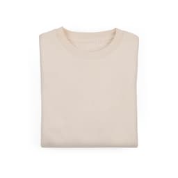 A folded women's crew neck sweatshirt in a light beige colour, made from organic cotton and rPET, featuring a logo.
