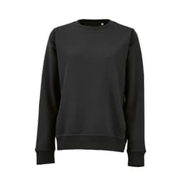 A black women's crew neck sweatshirt with long sleeves, featuring a logo on the front. Made from organic cotton and rPET.