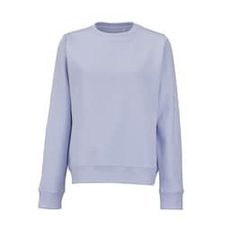 A light purple crew neck sweatshirt made from organic cotton and rPET, featuring long sleeves and a simple design.