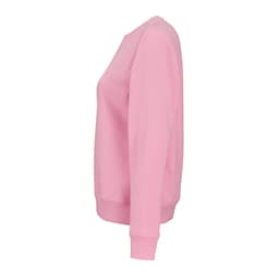 A pink women's crew neck sweatshirt made from organic cotton and rPET, featuring a logo.
