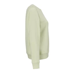 A women's crew neck sweatshirt in a soft green colour, featuring a logo and made from organic cotton and rPET.