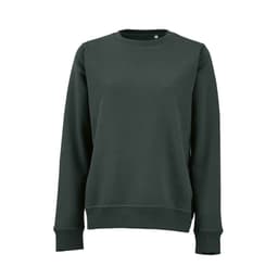 A dark green women's crew neck sweatshirt made from organic cotton and rPET fabric. Features a logo.