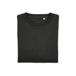 A folded black crew neck sweatshirt made from organic cotton and rPET, featuring a small tag.