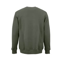 A green crew neck sweatshirt with long sleeves and a plain back. Features a logo on the tag.