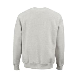 A grey crew neck sweatshirt made from organic cotton, rCotton, and rPET, featuring a plain back and ribbed trims.
