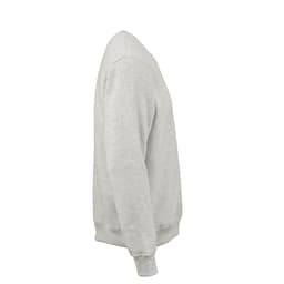 A grey crew neck sweatshirt made from organic cotton, rCotton, and rPET, featuring a logo. Side view displayed.