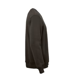 A dark green crew neck sweatshirt made from organic cotton, rCotton, and rPET, featuring a side profile view.