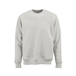 A light grey crew neck sweatshirt made from organic cotton, rCotton, and rPET, featuring a logo on the front.