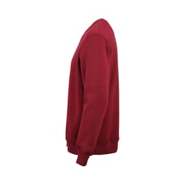 A maroon crew neck sweatshirt made from organic cotton, rCotton, and rPET, featuring a logo.