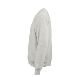 A grey crew neck sweatshirt made from organic cotton, rCotton, and rPET, featuring a logo. Made in PT.