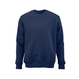 A navy crew neck sweatshirt made from organic cotton, rCotton, and rPET. It features a logo.