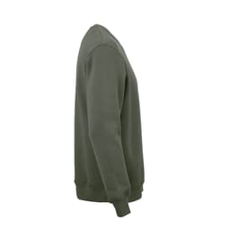 An olive green Nazaré crew neck sweatshirt made from organic cotton, rCotton, and rPET, featuring a logo.