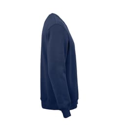 A navy crew neck sweatshirt made from organic cotton, rCotton, and rPET, featuring a logo.
