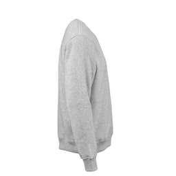 A grey crew neck sweatshirt made from organic cotton, rCotton, and rPET. It features a logo on the front.