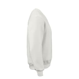 A white crew neck sweatshirt made from organic cotton, rCotton, and rPET, featuring a logo. Side view.