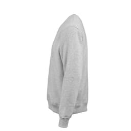 A grey crew neck sweatshirt made from organic cotton, rCotton, and rPET, featuring a logo.