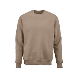 A beige crew neck sweatshirt made from organic cotton, rCotton, and rPET. Features a logo on one side.