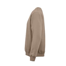 A side view of a beige crew neck sweatshirt made of organic cotton, rCotton, and rPET. It has a logo.