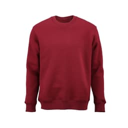 A burgundy crew neck sweatshirt made from organic cotton, rCotton, and rPET, featuring a logo.