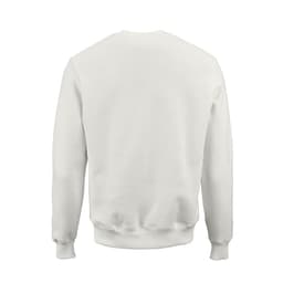 A white crew neck sweatshirt made of organic cotton, rCotton, and rPET, featuring a logo on the back.