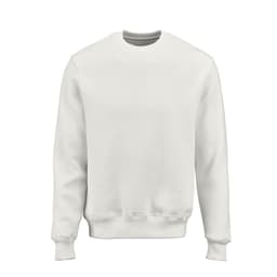 A white crew neck sweatshirt made of organic cotton, rCotton, and rPET, featuring a logo on the front.