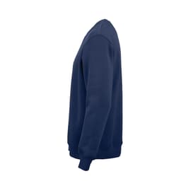 A navy crew neck sweatshirt made from organic cotton, rCotton, and rPET, featuring a logo.