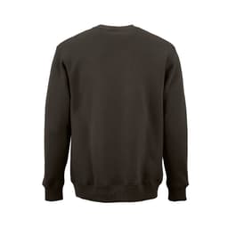 A dark grey crew neck sweatshirt with long sleeves and a simple design. It has a logo on the back.