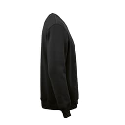 A black crew neck sweatshirt made from organic cotton and rPET, featuring a side view and a logo.