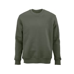 A crew neck sweatshirt in olive green. Made from organic cotton, rCotton, and rPET. Features a logo.
