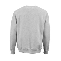 A grey crew neck sweatshirt made from organic cotton and recycled materials, featuring a logo on the back.
