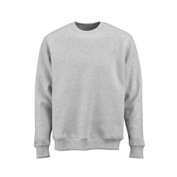 A grey crew neck sweatshirt made from organic cotton, rCotton, and rPET, featuring a logo on the front.