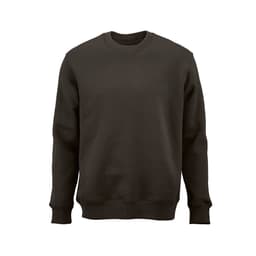 A dark brown crew neck sweatshirt made from organic cotton, rCotton, and rPET, featuring a logo. Made in PT.