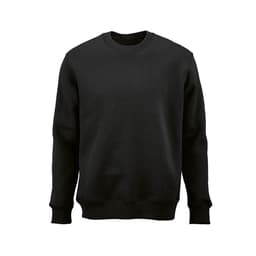 A black crew neck sweatshirt made from organic cotton, rCotton, and rPET. It features a logo on the front.