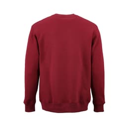 A maroon crew neck sweatshirt made from organic cotton, rCotton, and rPET. It features a plain back and a logo.