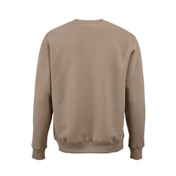 A beige crew neck sweatshirt made from organic cotton, recycled cotton, and rPET, featuring a small logo on the back.