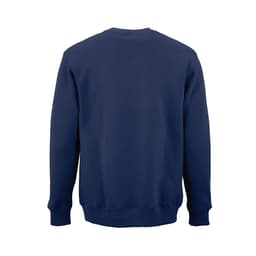 A navy crew neck sweatshirt with long sleeves and a plain back. Features a logo on the label. Made from organic cotton.